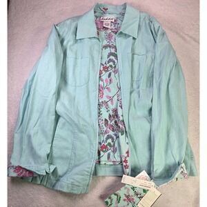Birch Hill 2 Pc Set Womens Linen Blend Jacket L Top M Aqua Floral Coastal NWT